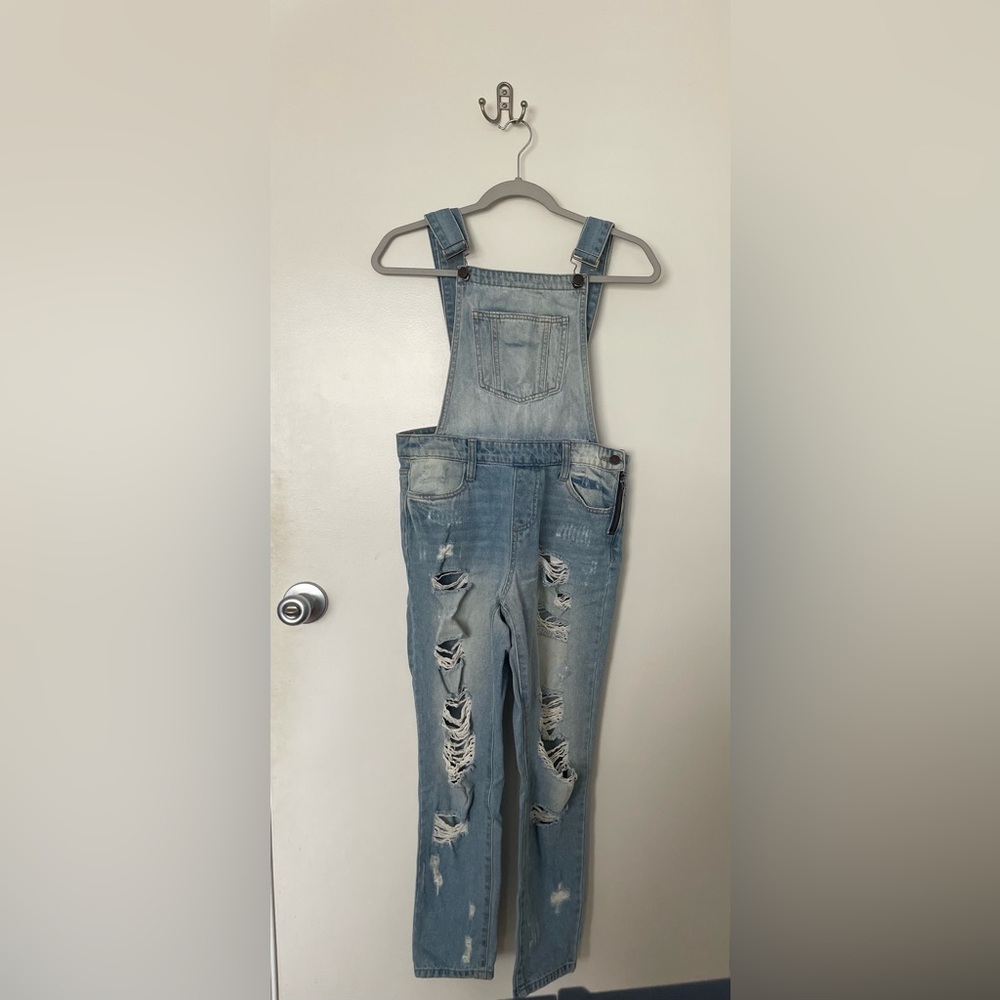 CELLO Distressed Light Blue Denim Overalls